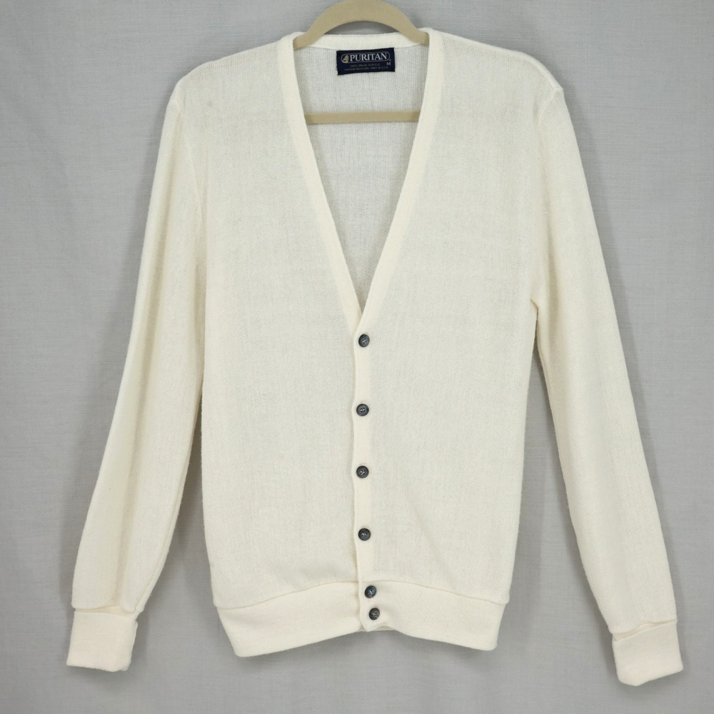 Puritan Sweater Mens Medium Ivory Cardigan Grandpa Orlon Acrylic Vintage